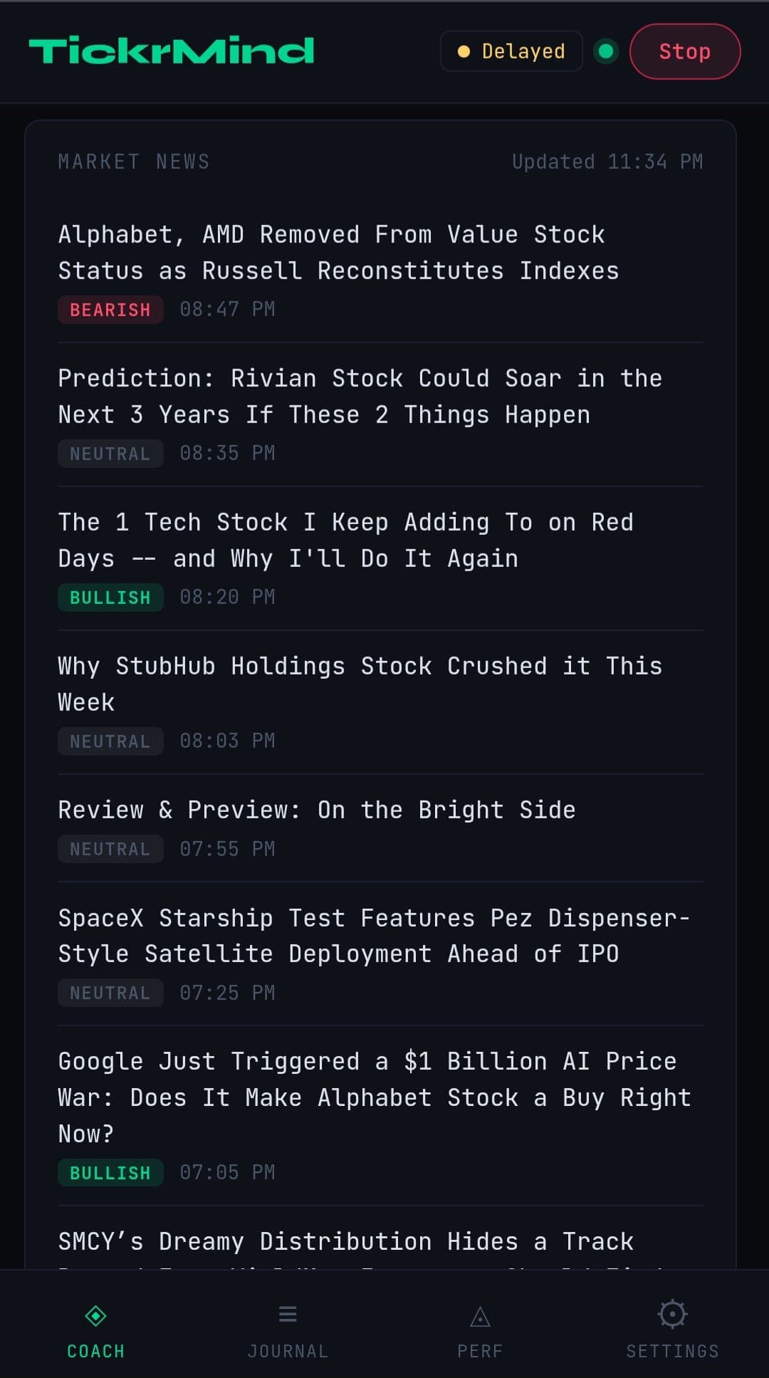 TickrMind Market News screen showing bullish, bearish, and neutral market headlines.
