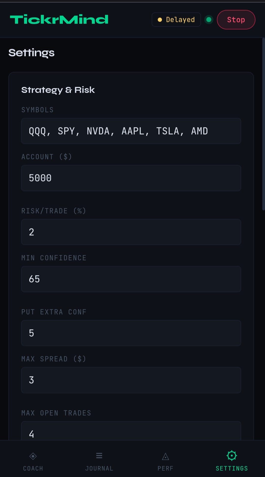 TickrMind Settings screen showing strategy and risk controls for symbols, account size, risk, and confidence.