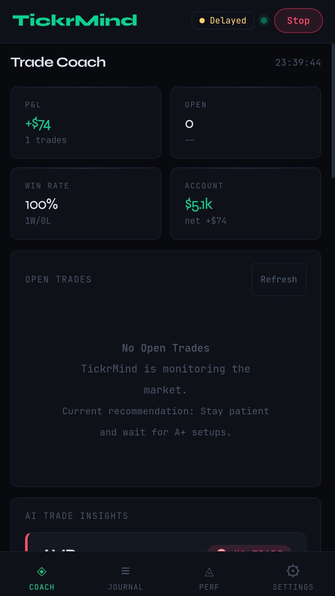 TickrMind Trade Coach dashboard showing P&L, open trades, win rate, account value, and AI trade insights.
